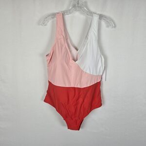 Meet.Curve One PIece Swimsuit 2XL Pink White Contrast Colorblock Wide Straps NWT